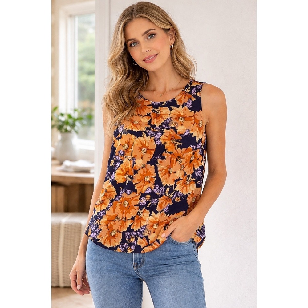 Babaton Aritzia Sleeveless Floral Blouse Orange Purple Navy Blue Small Corporate
